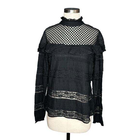 BEBE Black Mesh Lace Long Sleeve Ruffle Blouse Women's Size XXL NWT - Picture 1 of 7